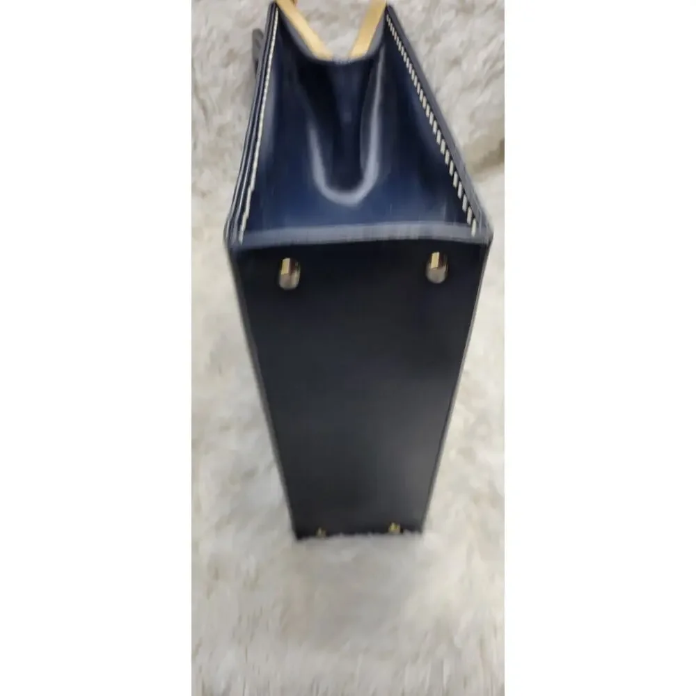 Vintage 1960's Dark Navy Gold Accent Leather Womens Lined Snap Closure Handbag - Picture 11 of 11